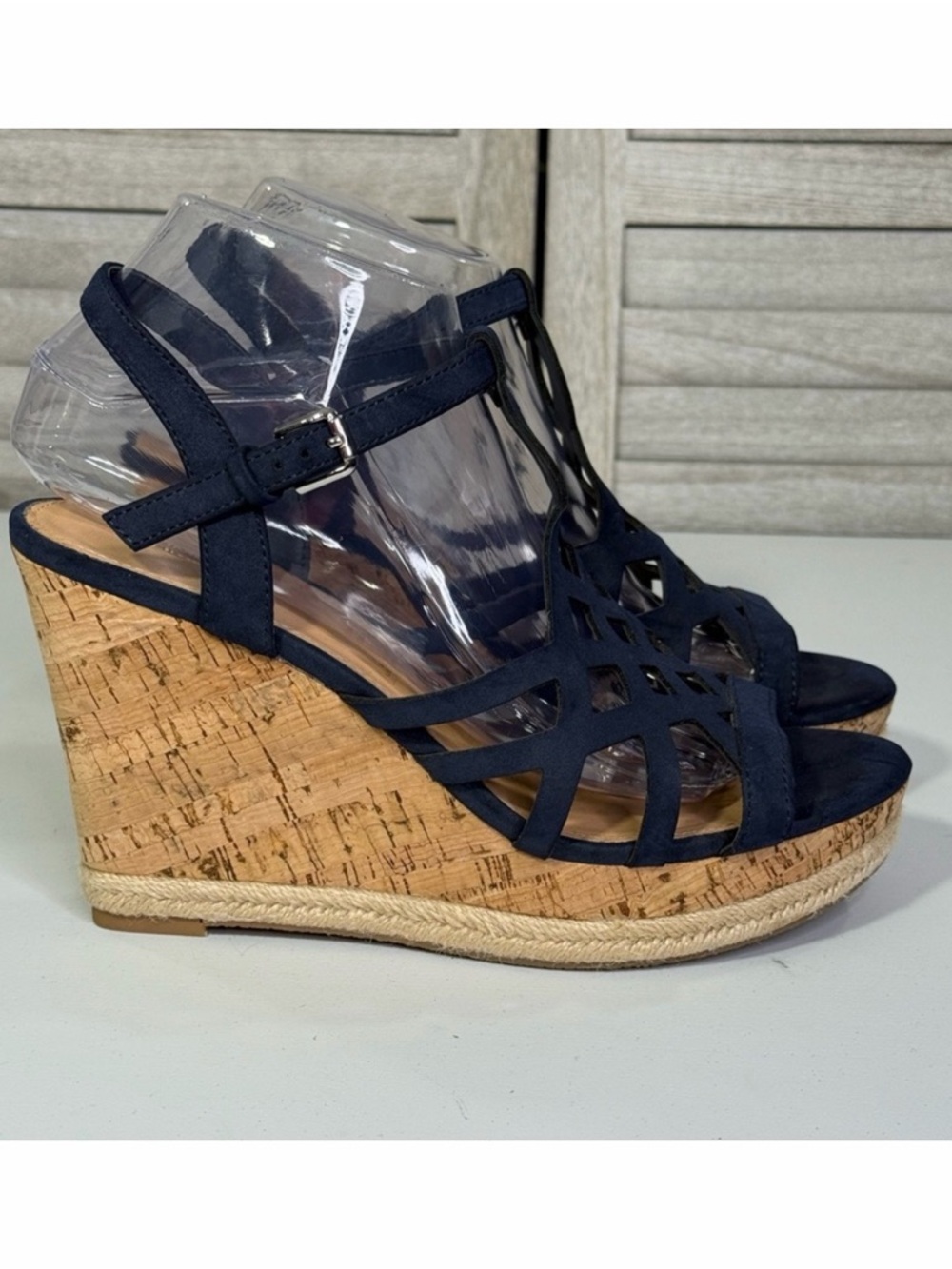 LIMELIGHT "Sonia" Strappy Wedge Cork Sandals Navy Blue-9